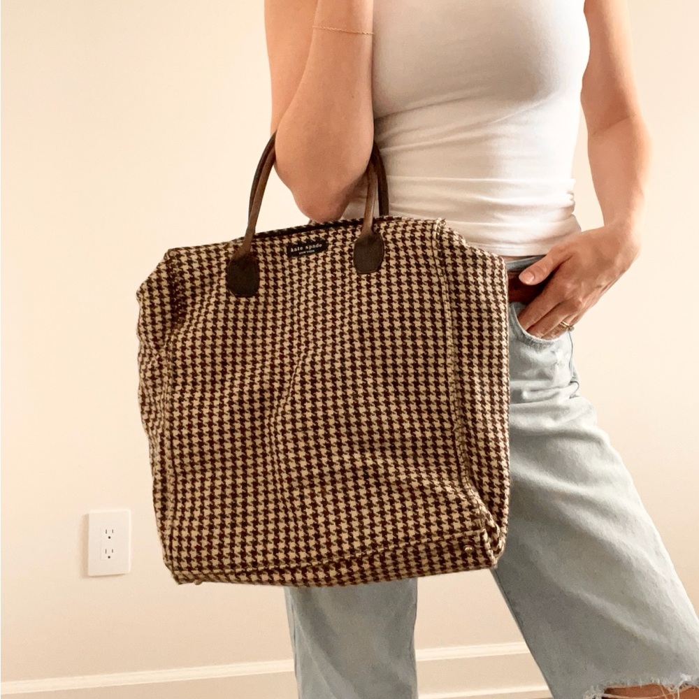 Rare Vintage Kate Spade Houndstooth Leather Strap Tote Bag